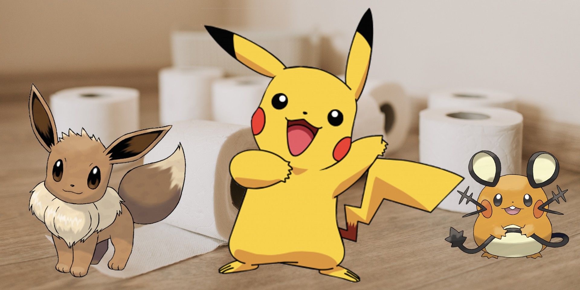 Eevee, Pikachu, and Dedenne Pokemon in front of several toilet paper rolls.