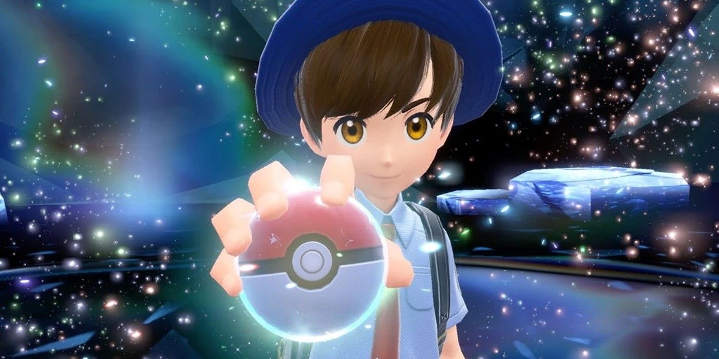 Pokemon Trainer holding a Pokeball surrounded by blue sparkles.