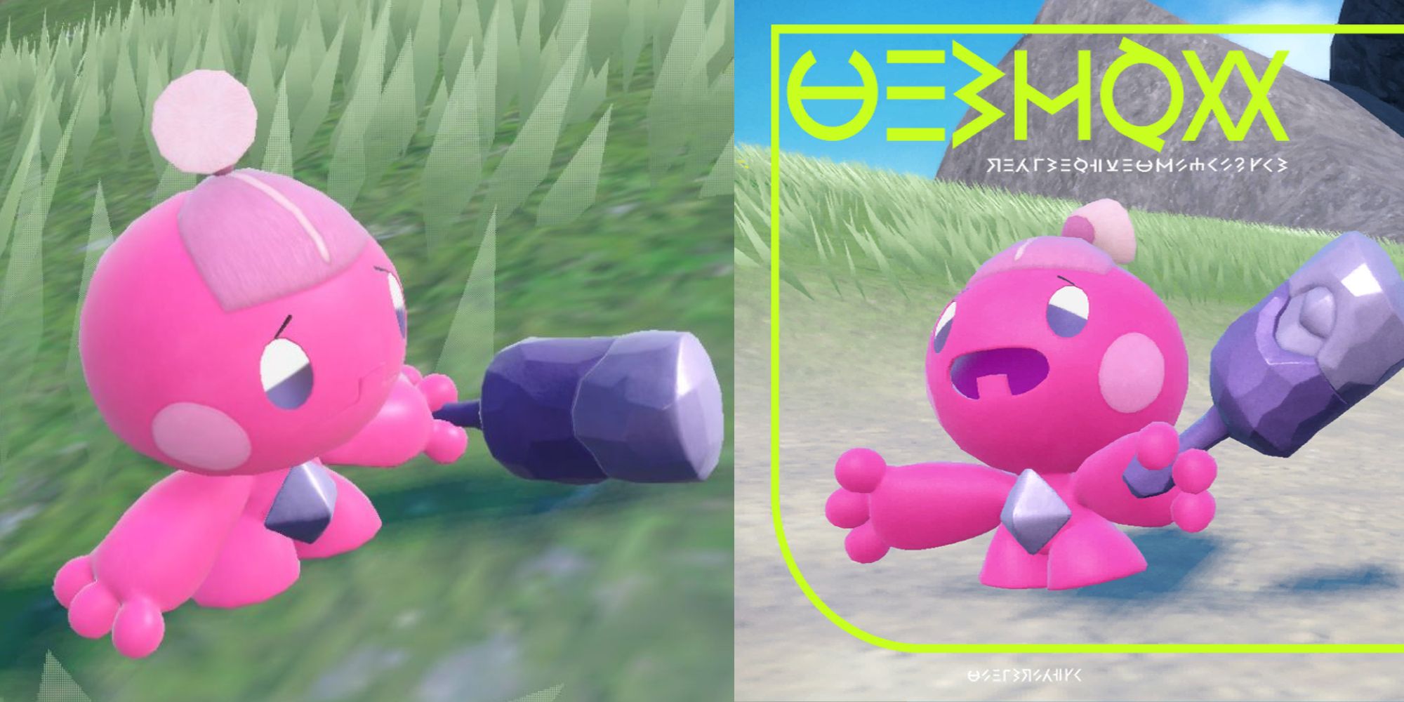 Split image showing Tinkatink sad and happy in Pokémon Scarlet and Violet.