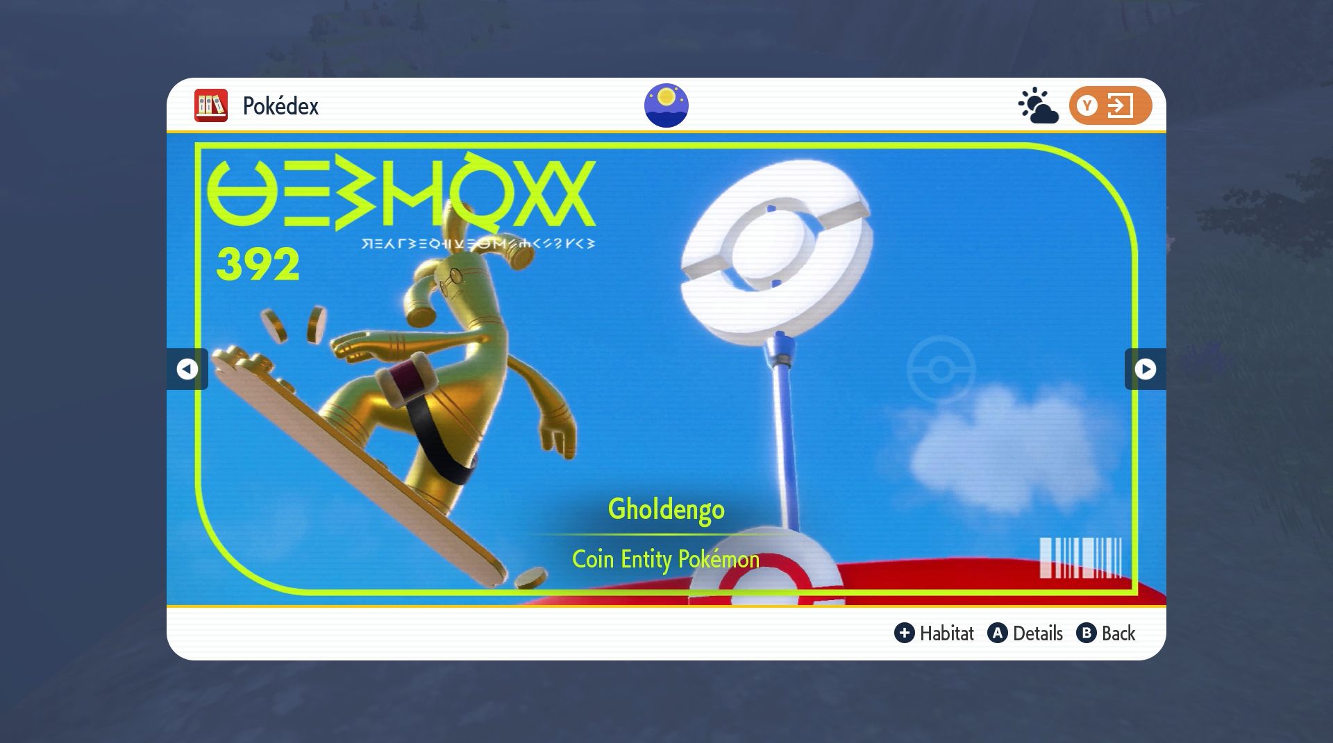 O Pokémon de moeda de ouro Gholdengo é visto voando pelo ar enquanto anda em uma prancha de snowboard feita de moedas de ouro enquanto uma placa do PokeCenter é vista atrás dela
