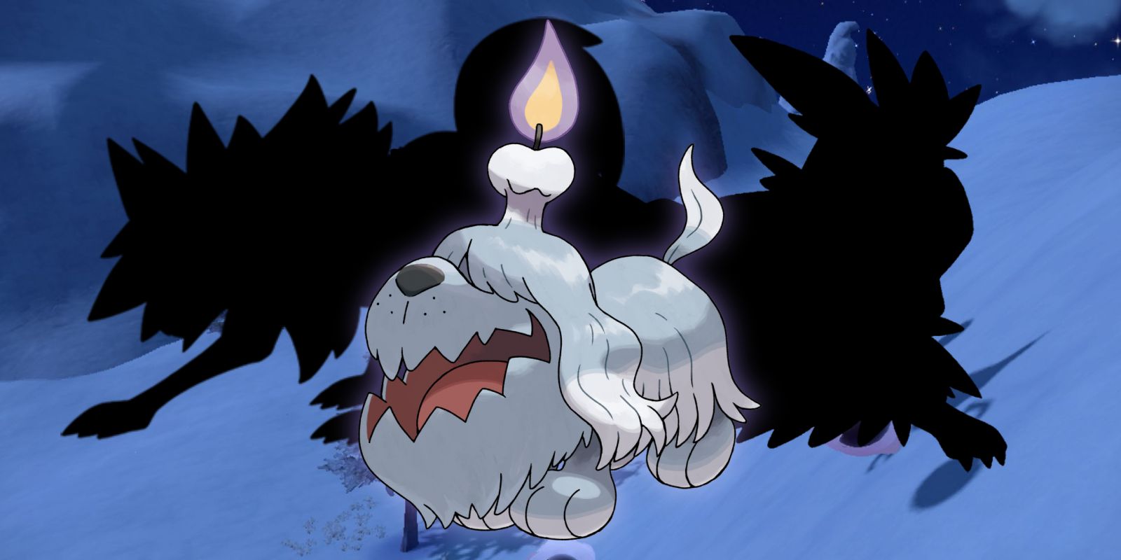 Greavard in front of silhouettes of other evolved dog Pokémon.