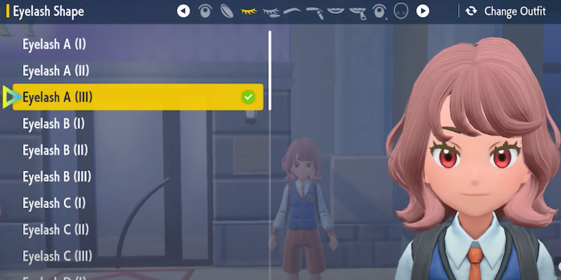 The Pokémon Scarlet & Violet character customization menu, showing the player changing eyelashes.