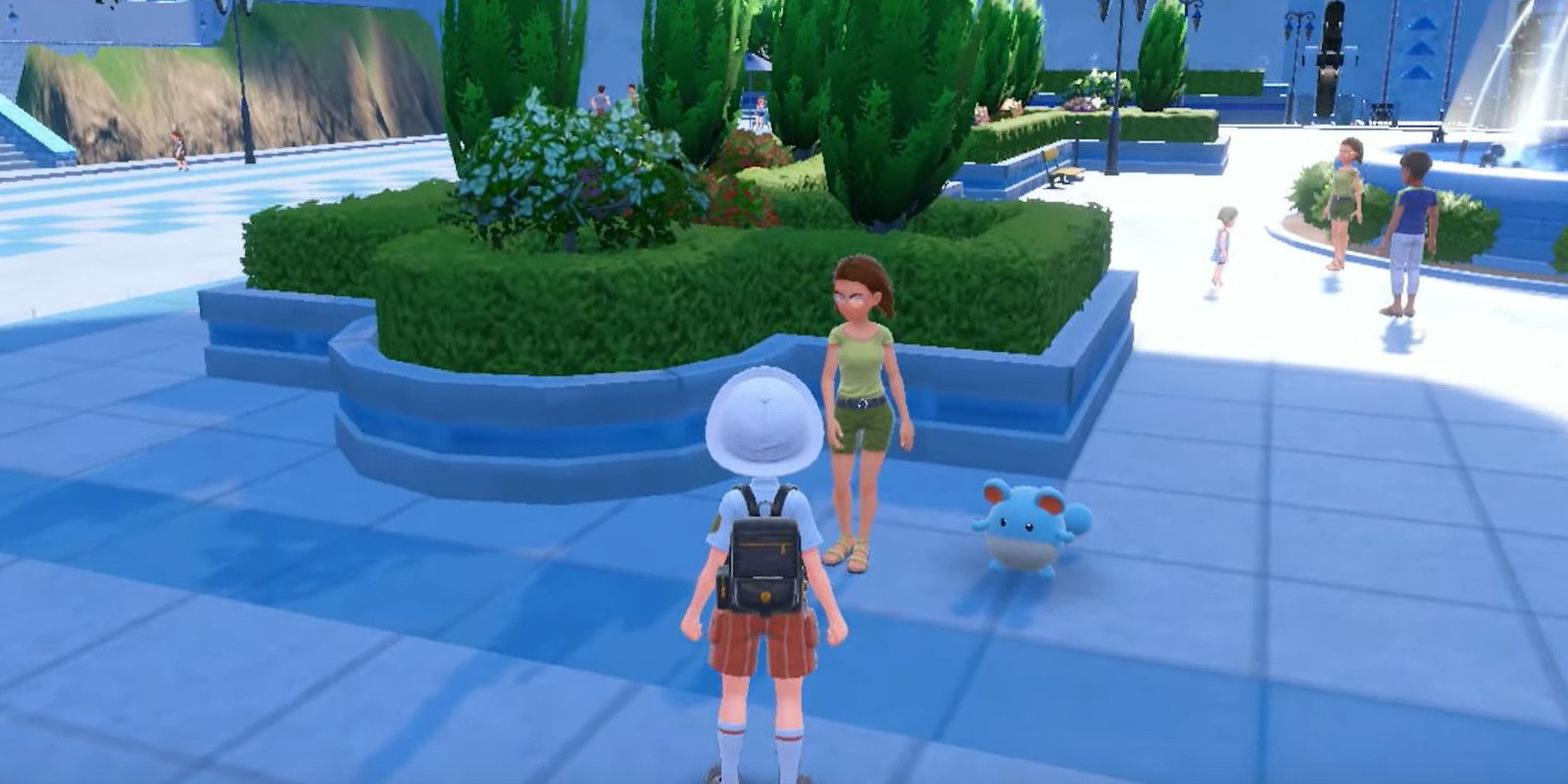 Pokémon Scarlet and Violet Trainer in front of Friendship Checker NPC