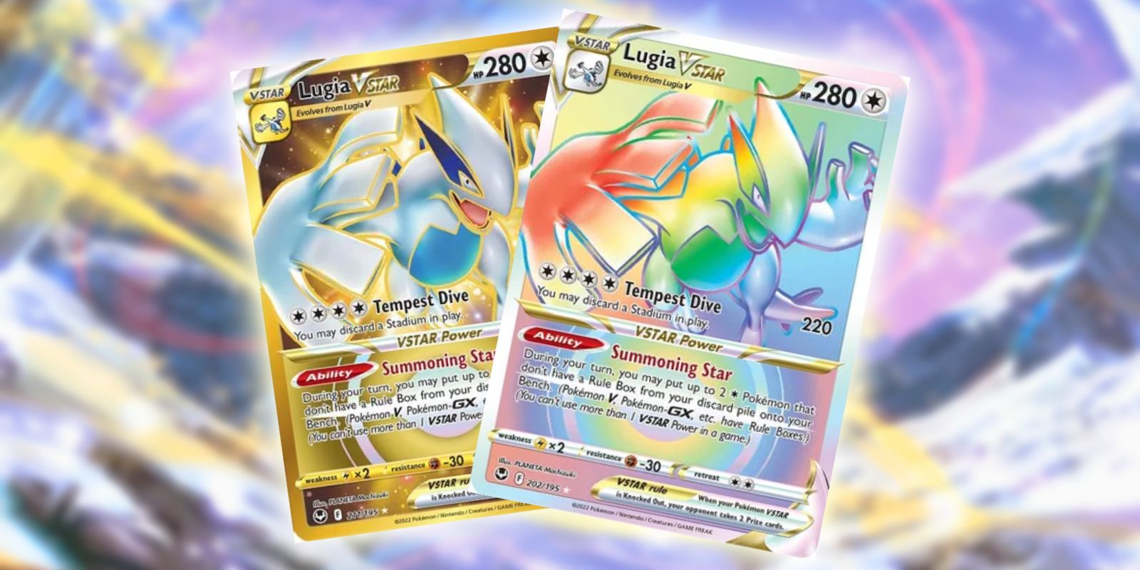 The gold and rainbow version of Lugia VSTAR's Secret card in Pokémon TCG's Silver Tempest expansion.