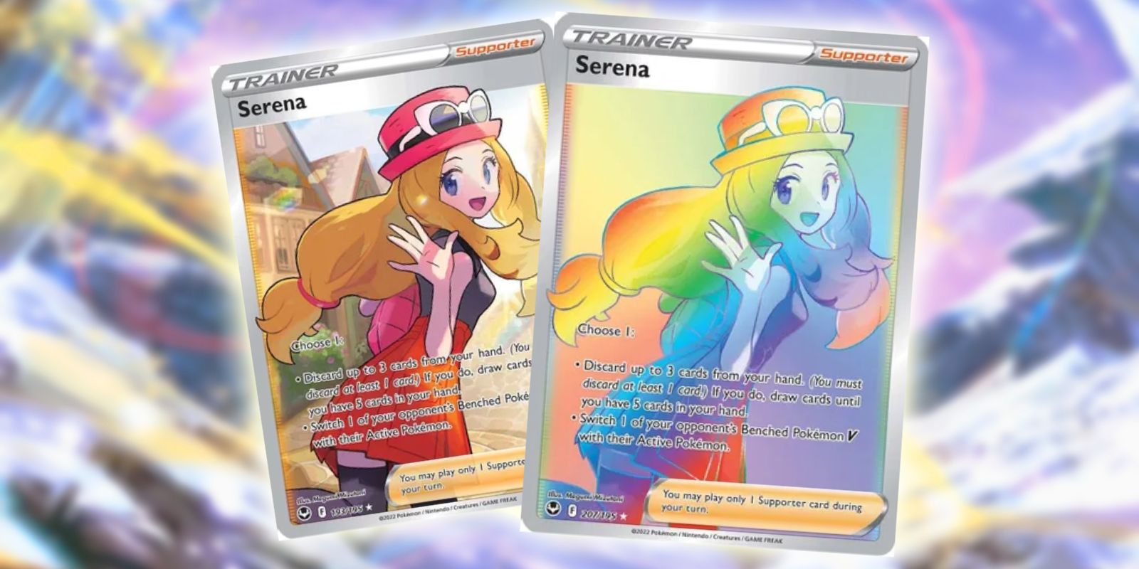 The Serena Trainer card and Secret card from Pokémon TCG's Silver Tempest expansion.