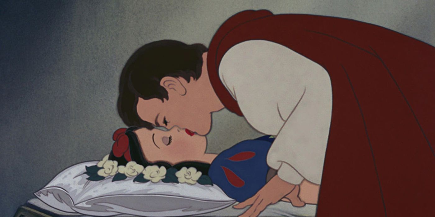 Snow White receiving True Loves Kiss from the Prince in Disney's animated Snow White and the Seven Dwarfs