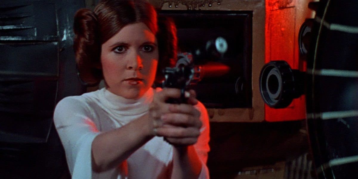 Princess Leia with a blaster in Star Wars