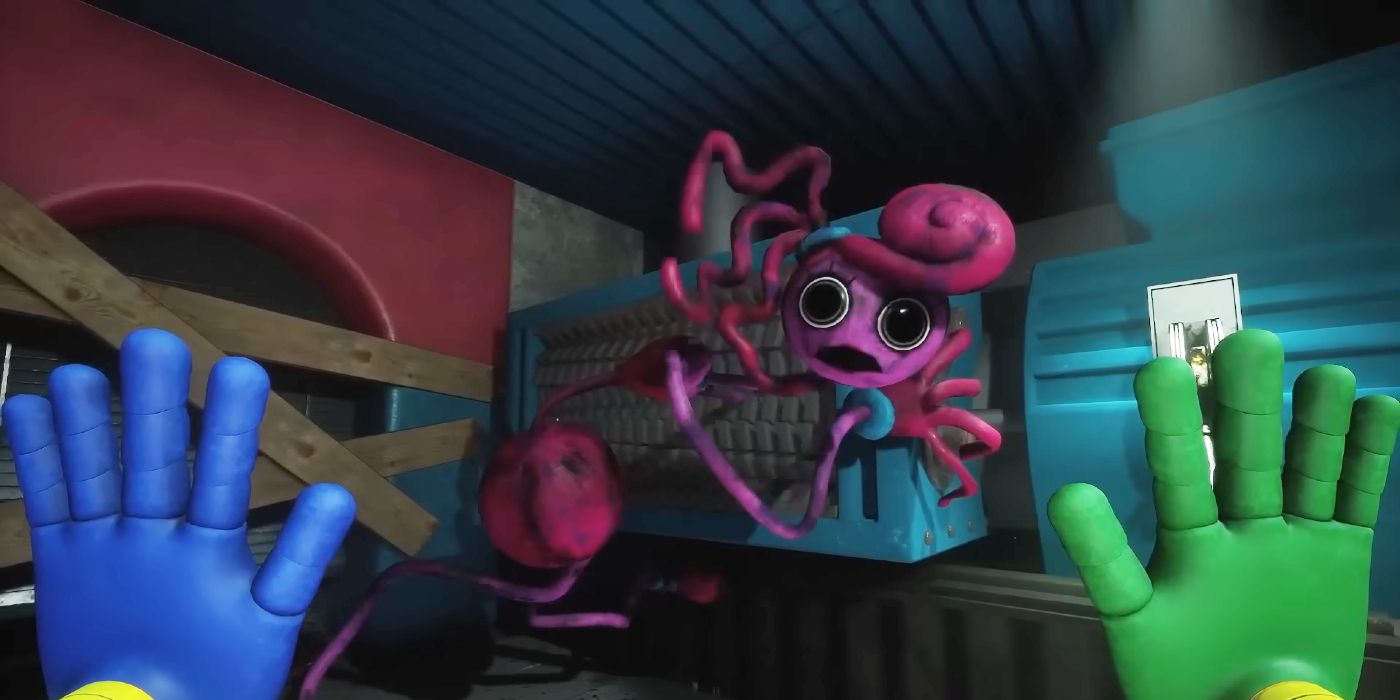 Image of Mommy Long Legs in Poppy Playtime Chapter 2. The monstrous toy-like creature is being sucked into a grinder.