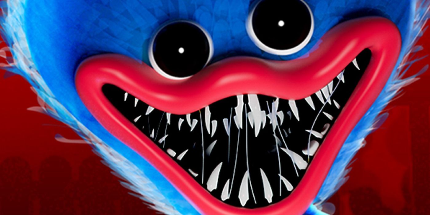 Image of Poppy Playtime villain Huggy Wuggy smiling menacingly, bearing his many razor-sharp teeth.