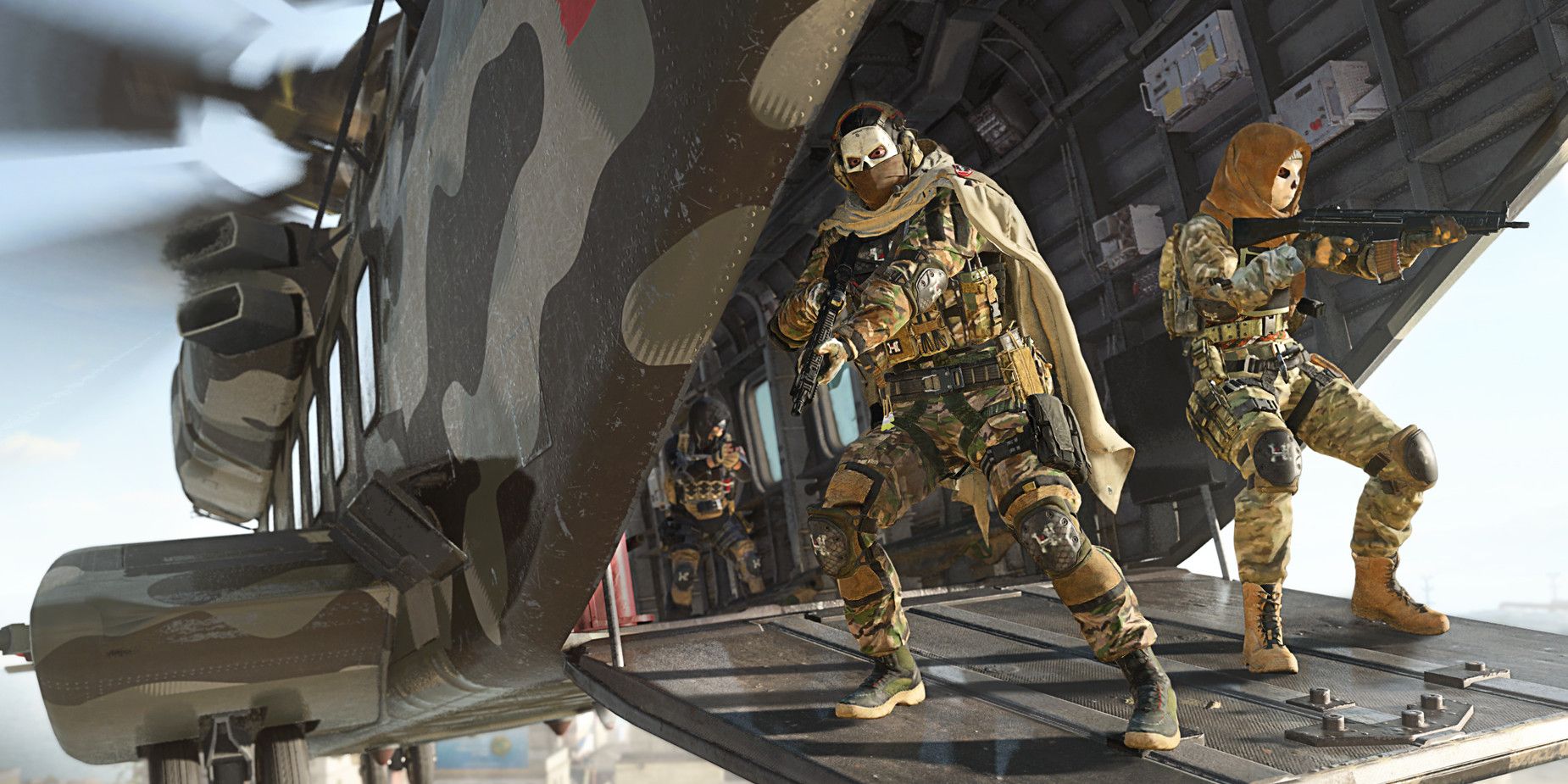 Promotional image for Warzone 2 featuring two characters standing on a helicopter