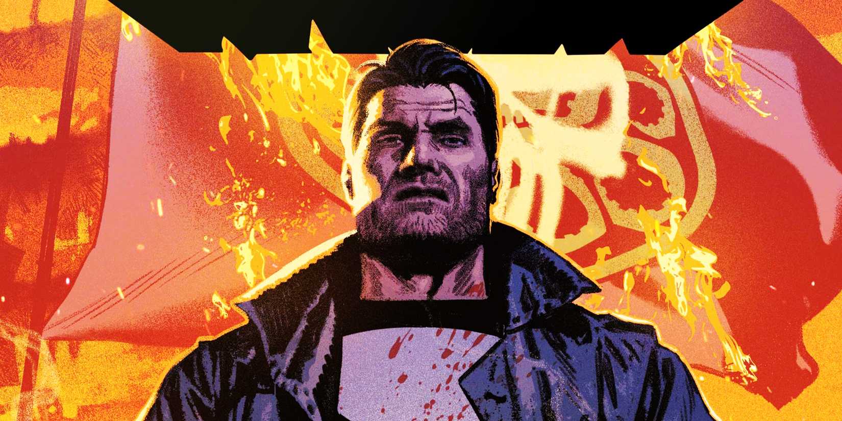 Frank Castle standing in front of a burning Hydra flag with the Punisher logo painted on it; the cover of The Punisher (2018) #12