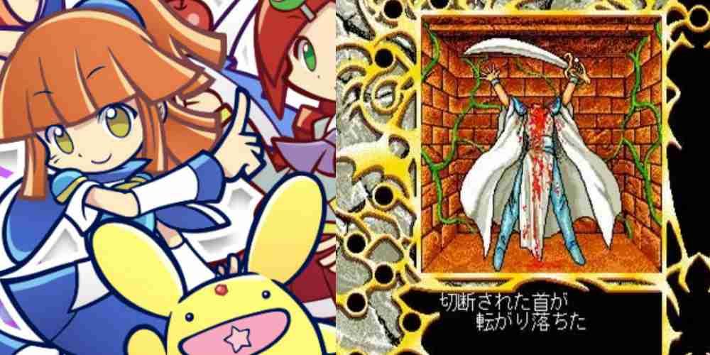 Arte fofa de Puyo Puyo ao lado da arte angustiante de Madou Monogatari.