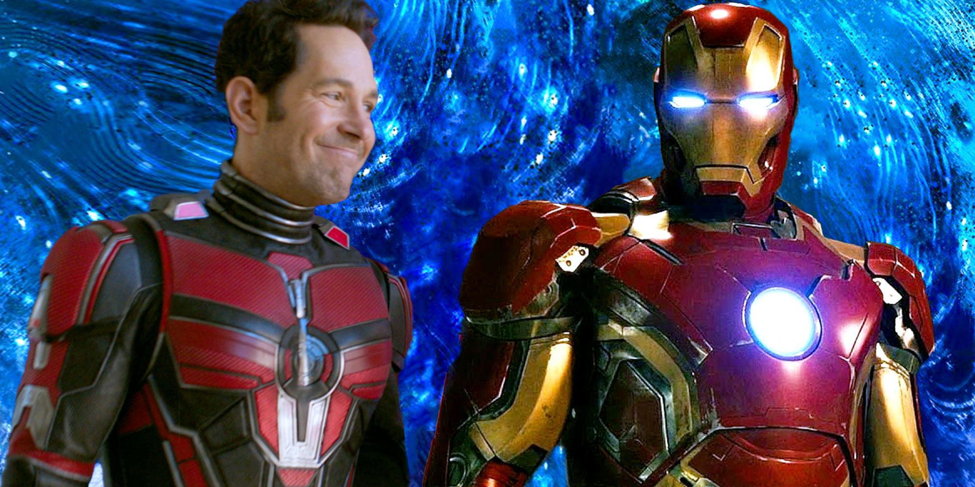 Ant-Man stares lovingly at Tony Stark in his Iron Man armor.