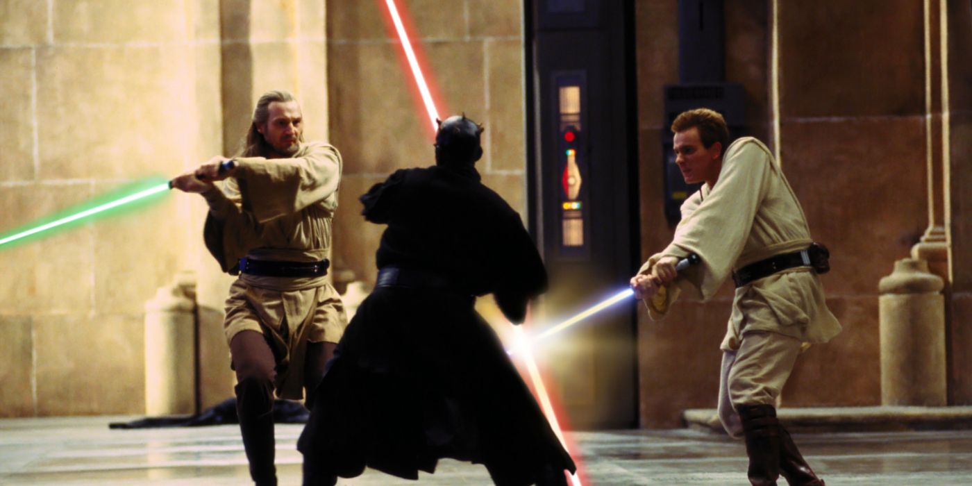 Qui-Gon e Obi-Wan lutando contra Darth Maul em A Ameaça Fantasma.