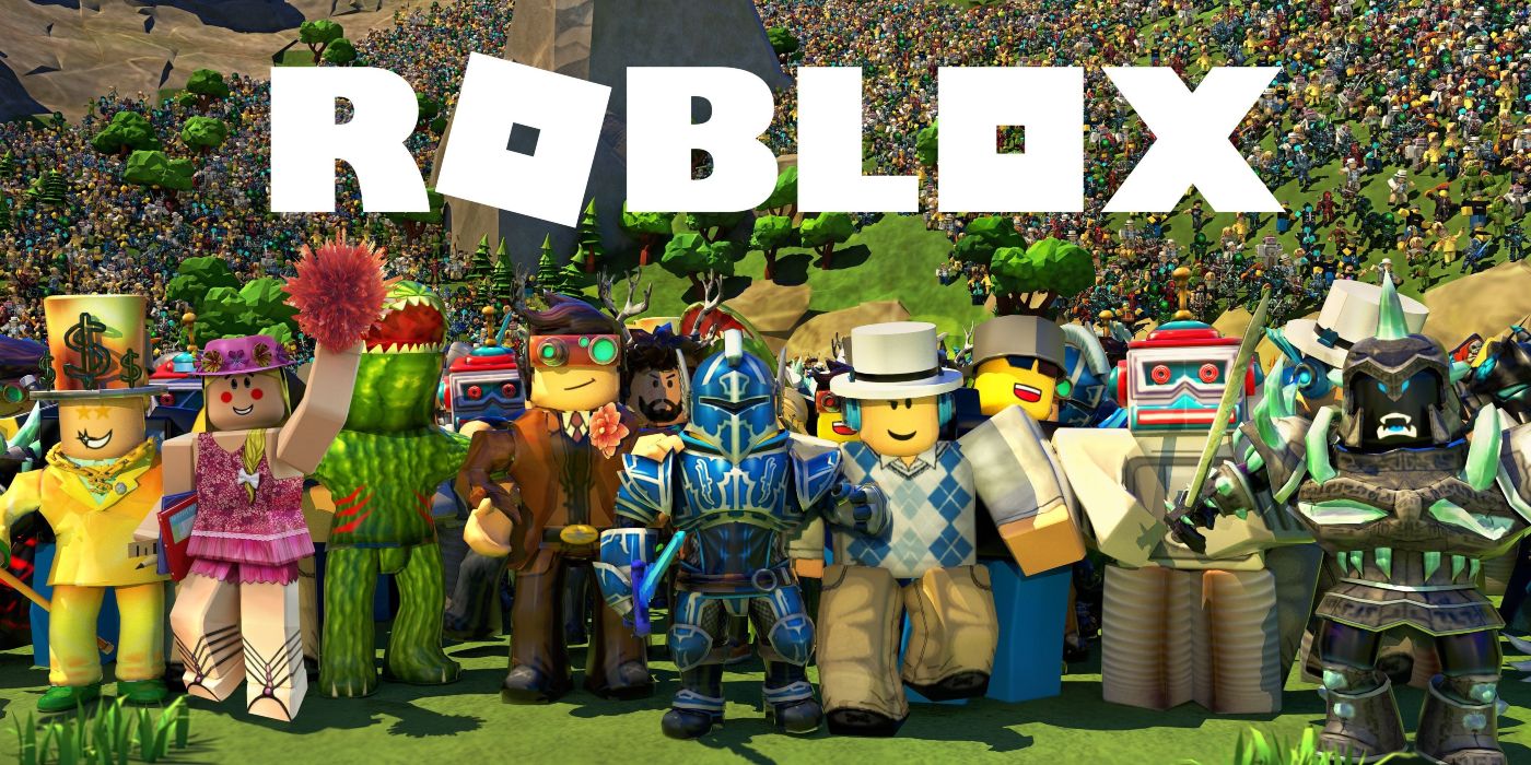 A arte da capa do Roblox, retratando um grupo de jogadores com diferentes acessórios em um campo verde.