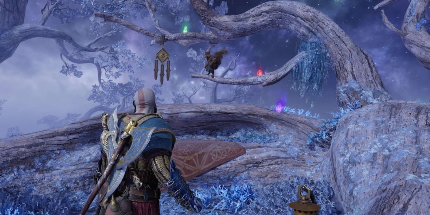 Kratos aceitando a missão Lost Lyndwyrms de Ratatoskr em God of War ragnarok.