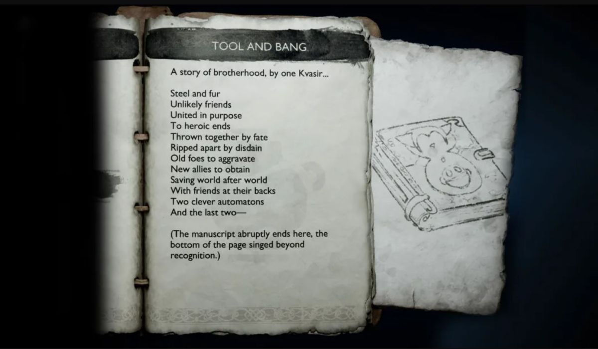 Kvasir's Poem Tool and Bang in God of War Ragnarok referencing Ratchet and Clank
