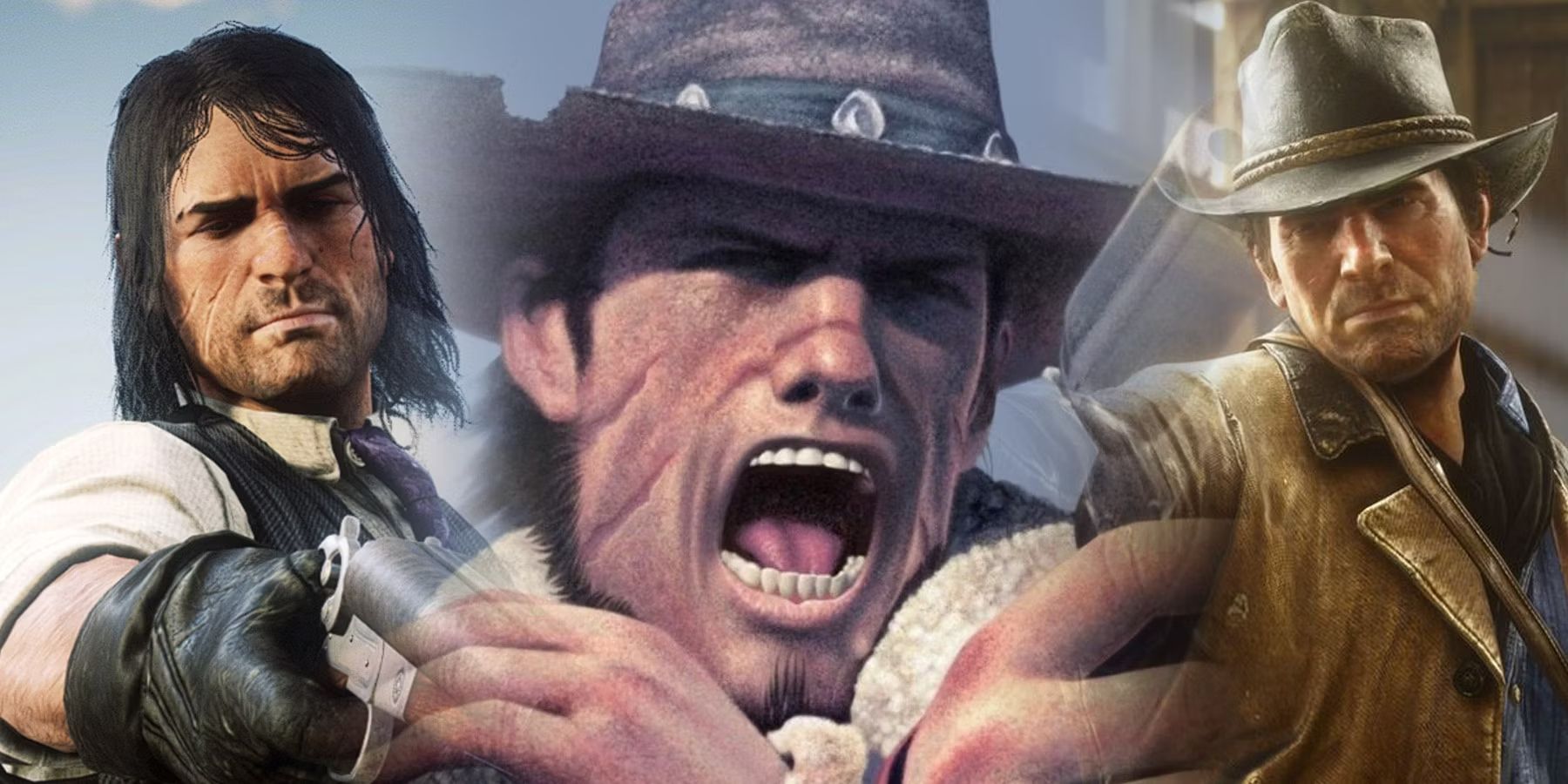 The Red Dead series' three protagonist, from left to right - John Marston, Red Harlow, and Arthur Morgan.