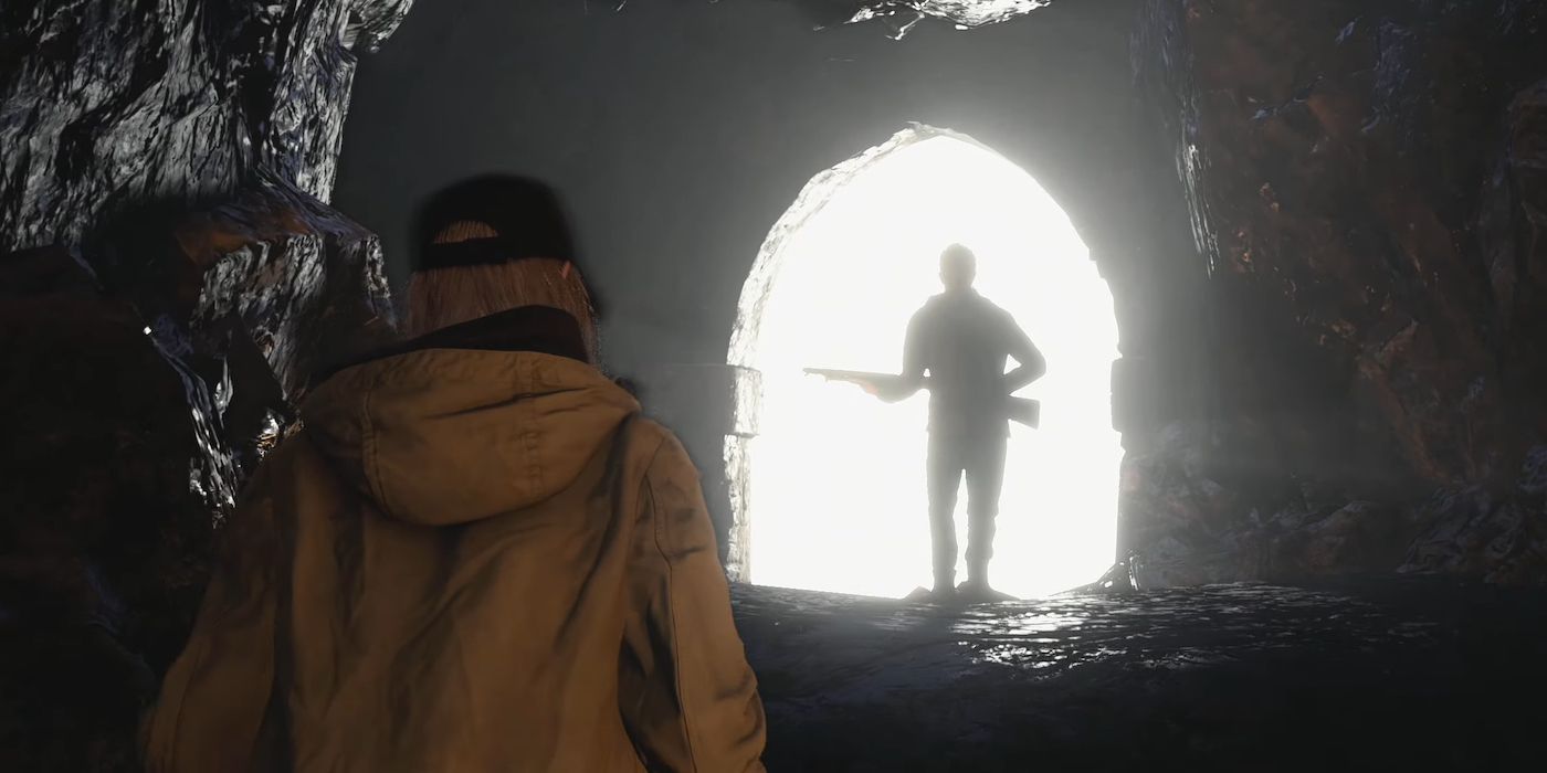 Ethan Winters silhouetted by a bright light, obscuring his face in the Resident Evil Village DLC Shadows of Rose