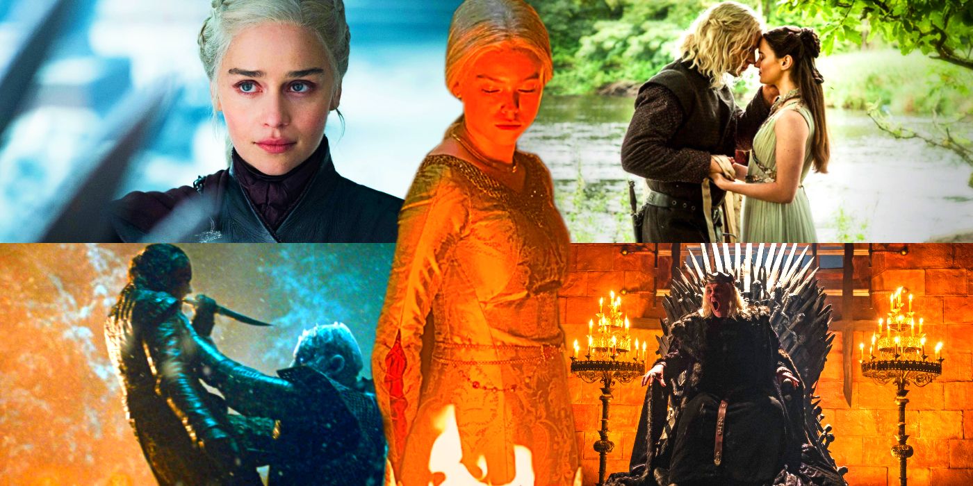 Rhaenyra Targaryen in House of the Dragon with Daenerys and Rhaegar Targaryen, the Mad King, the Night King, and Arya and Lyanna Stark in Game of Thrones