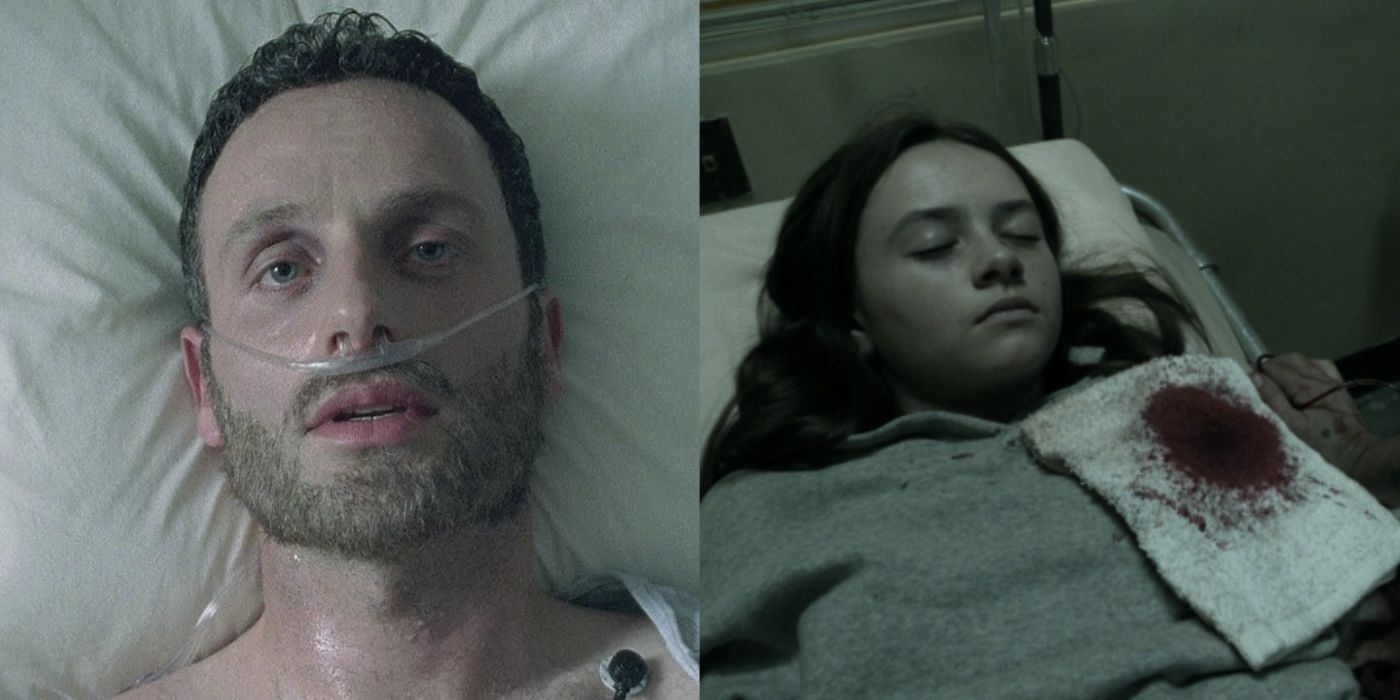 Rick berbaring di ranjang rumah sakit bersama Judith duduk di ranjang rumah sakit dengan kain berdarah di dadanya di The Walking Dead. 