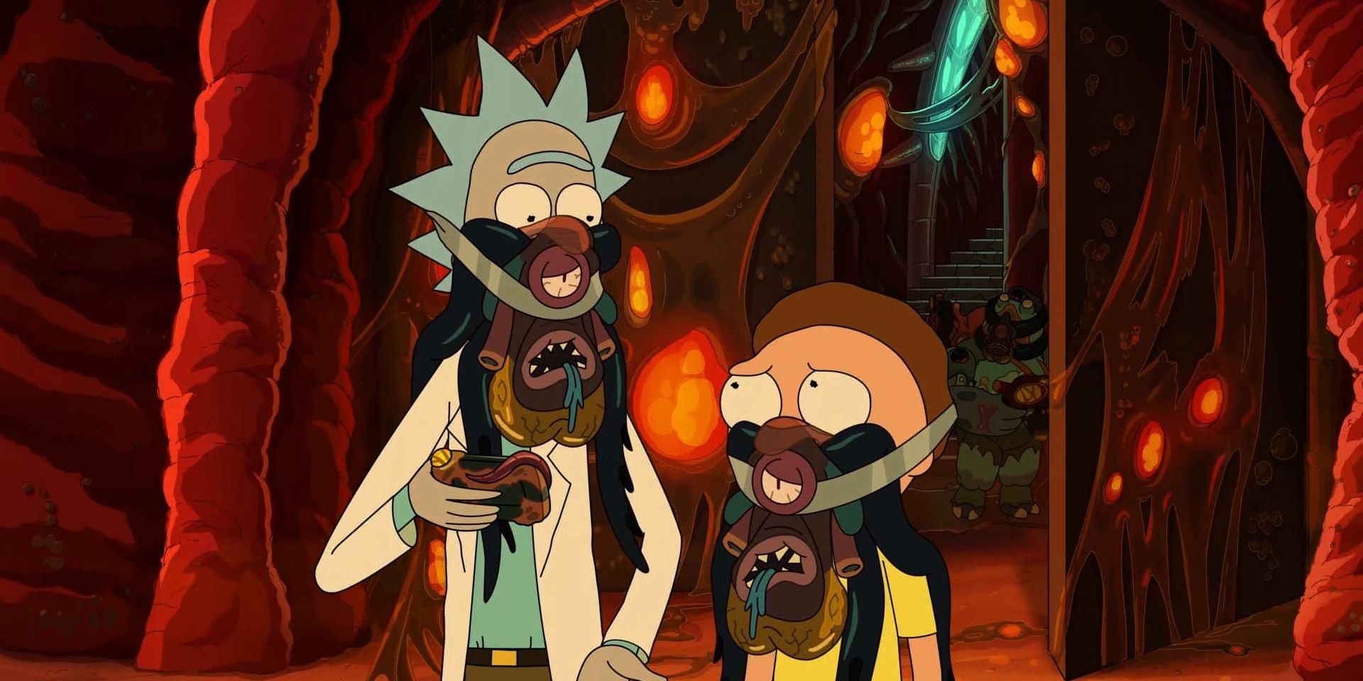 Rick en Morty met facehugger-maskers