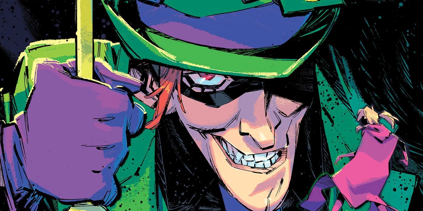 The Riddler, staring menacingly over a small and surprised Stephanie Brown (Batgirl).
