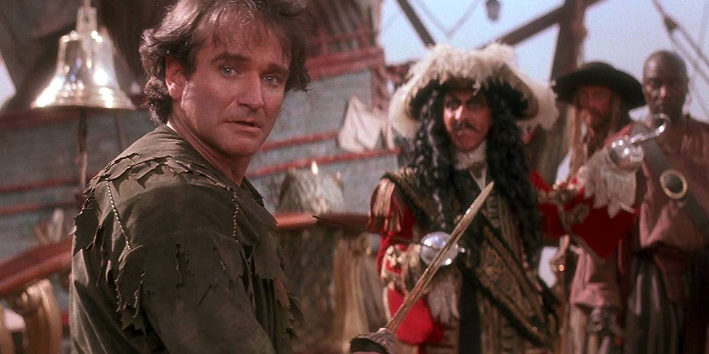 Peter looks startled when confronted by Captain Hook in Hook