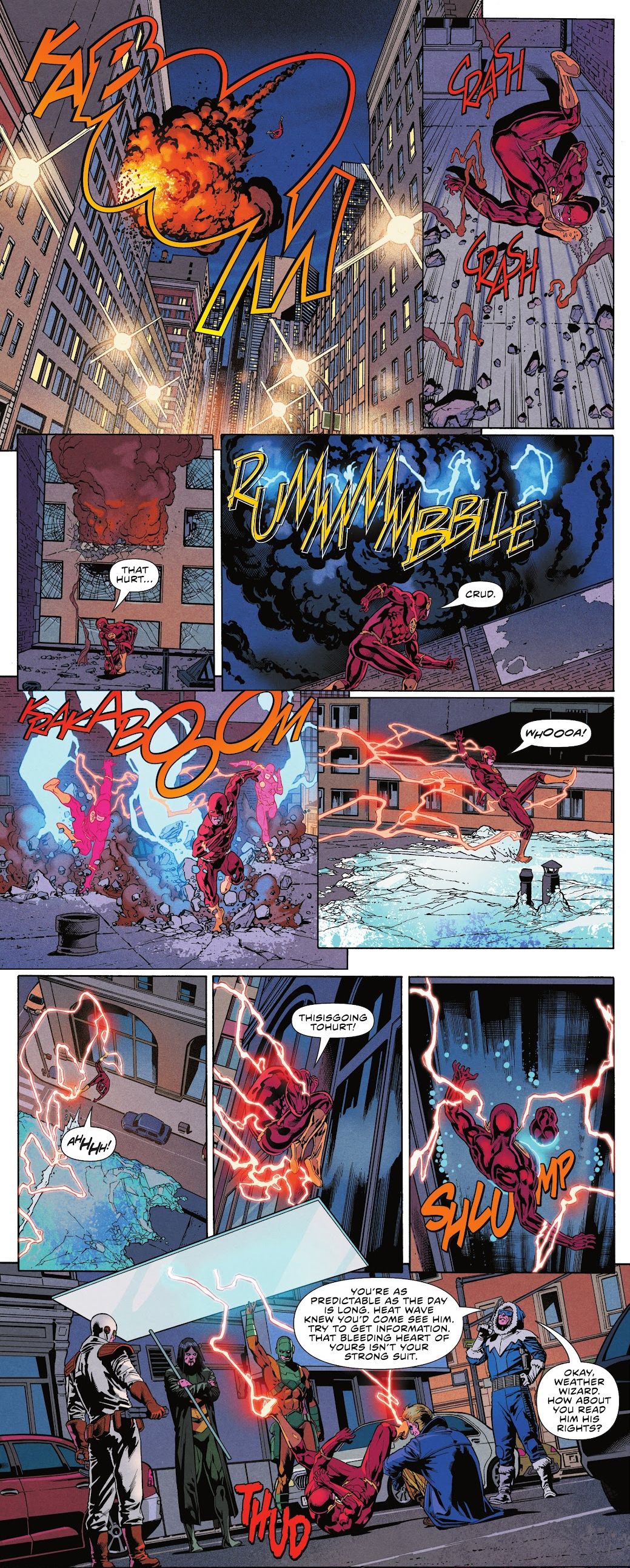 An extended sequence showing Heat Wave Flash shooting out of a window towards Weather Wizard;  Weather Wizard uses lightning to drive him into a patch of Captain Cold's ice;  and the Flash slips into the Mirror Master's waiting portal trap on the ice.