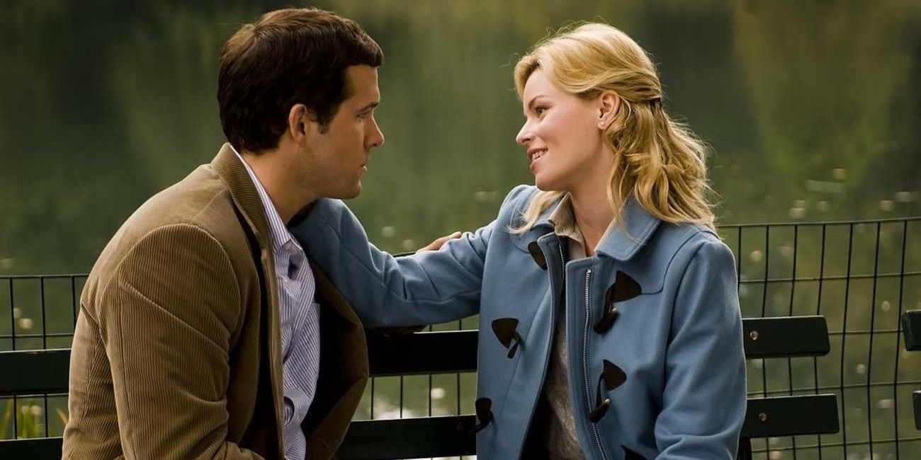 Ryan Reynolds em um banco de parque com Elizabeth Banks em Definitivamente, Talvez