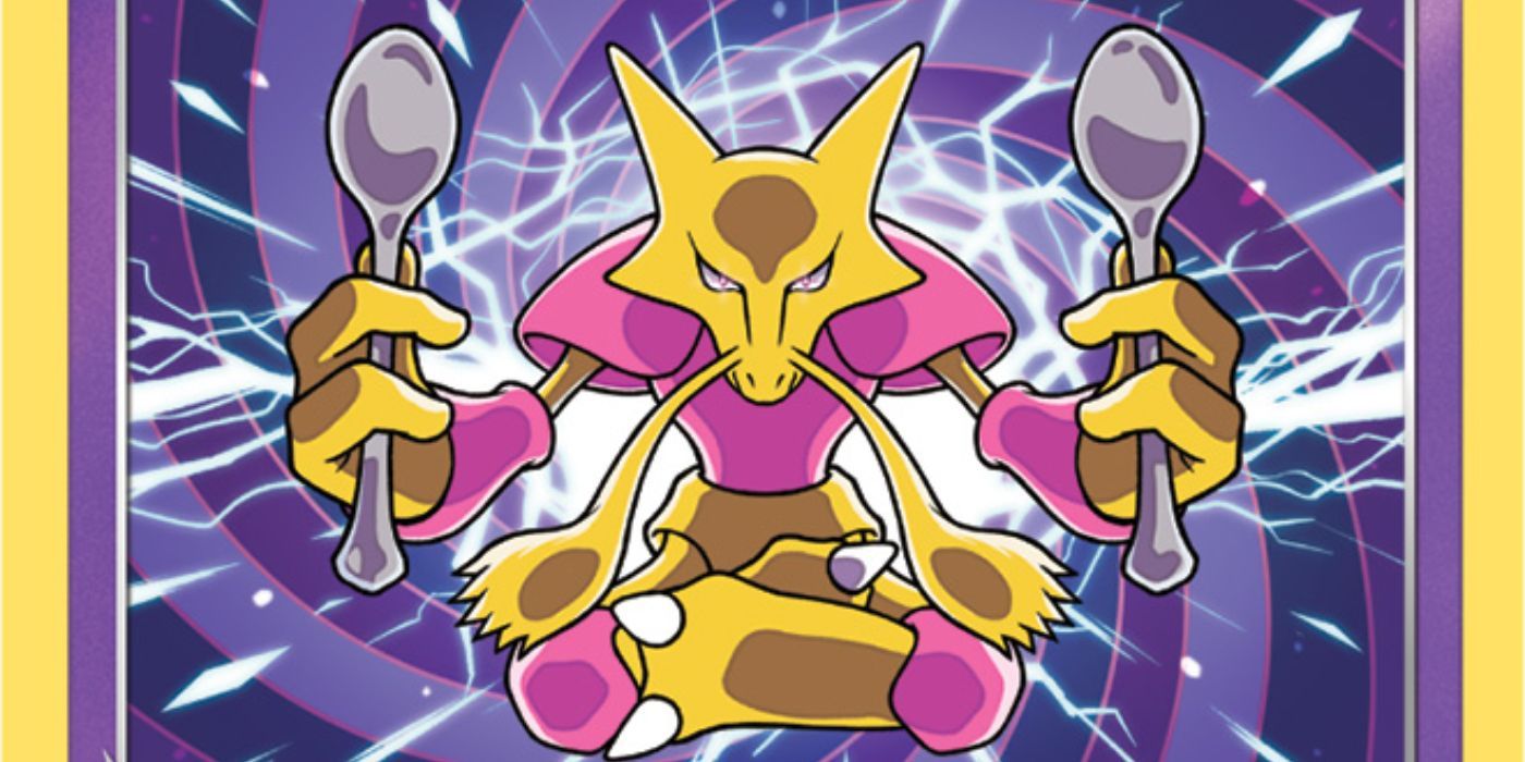 The artwork for the Radiant Alakazam card from Pokemon TCG: Silver Tempest, showing Alakazam floating, holding a spoon in each hand, and surrounded by electrically charged energy.