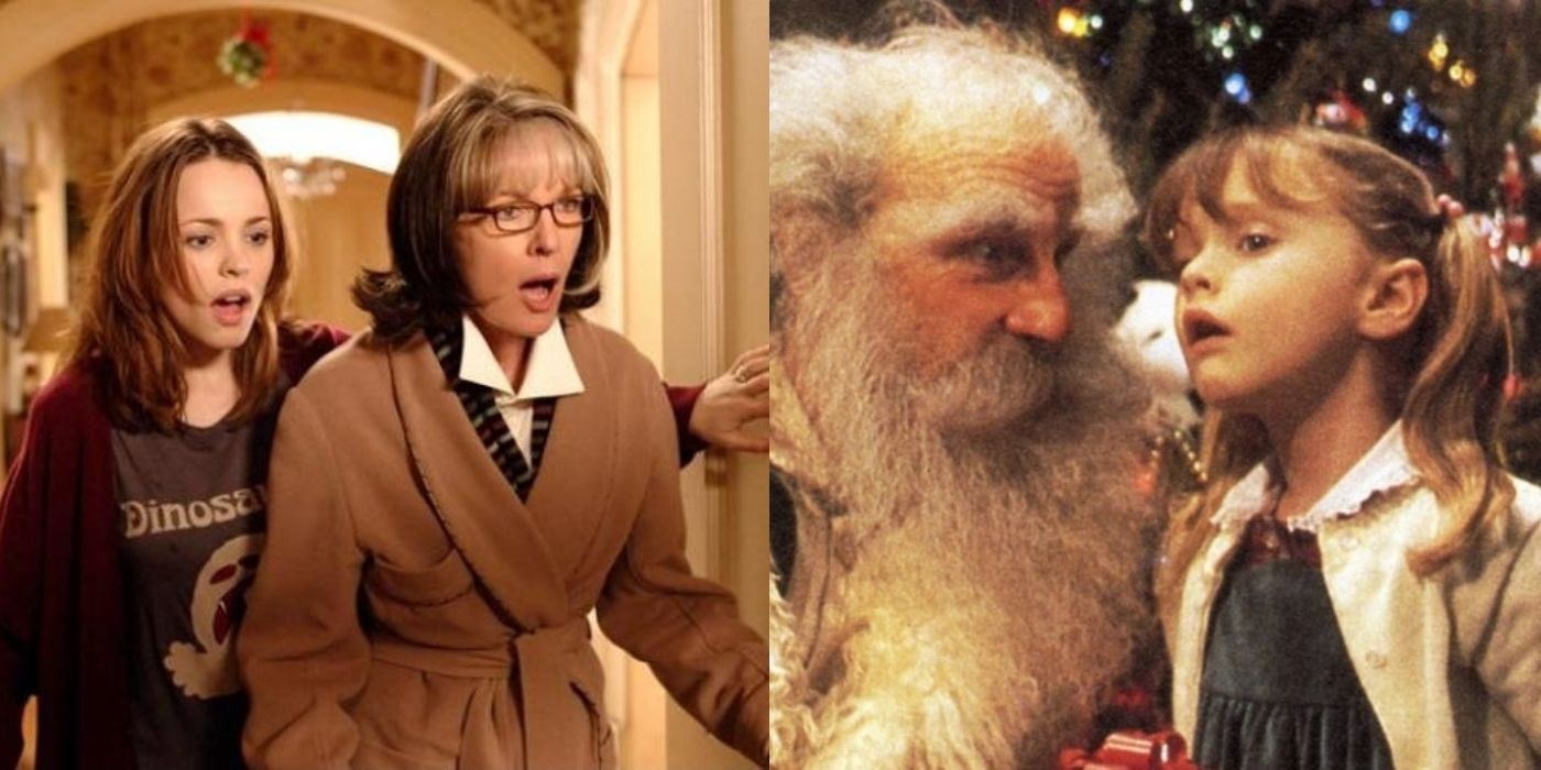Split image of Amy and Sybil in The Family Stone and Santa Claus and a little girl in One Magic Christmas