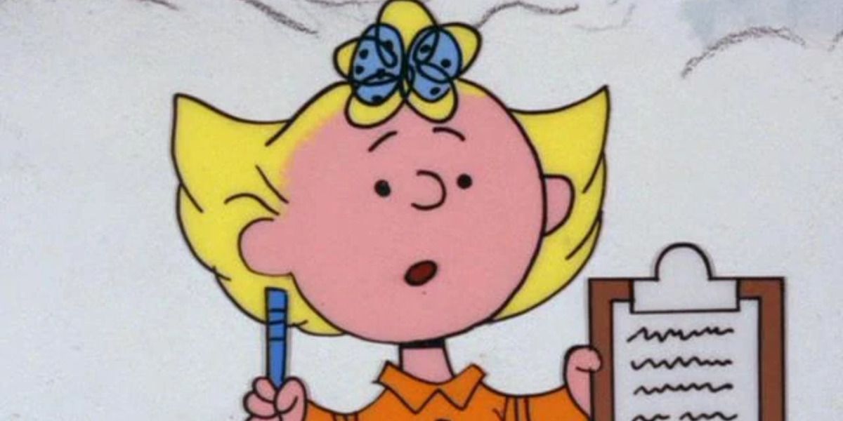 An image of Sally Brown from the Peanuts holiday xmas special is shown,.