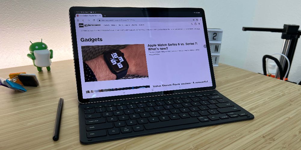 A Samsung Galaxy 8 Tablet sits on a desk