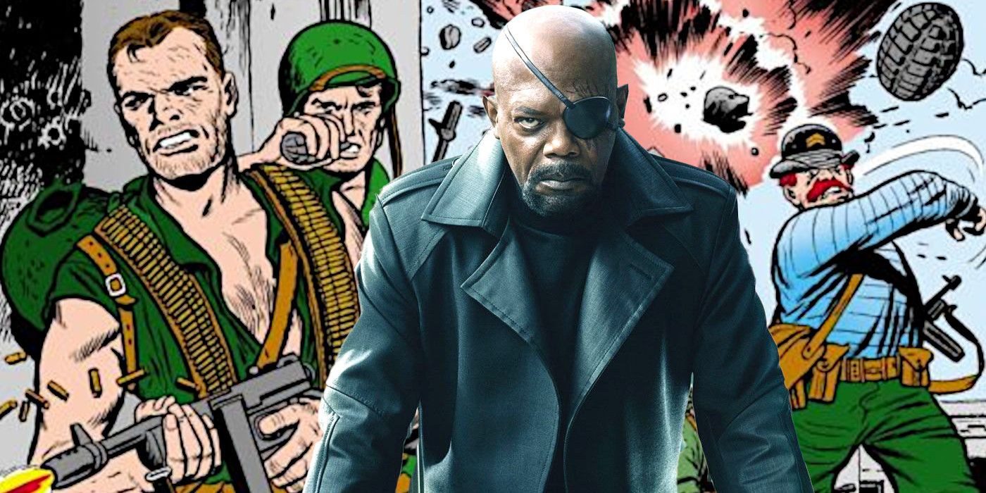 Samuel L Jackson as Nick Fury in an overcoat with black eyepatch leaning forward authoritatively backdropped by a comic book image from Sgt. Fury and the Howling Commandos showing WW2 soldiers engaged in a fight