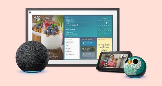 The Echo Dot, Echo Show 15, Echo Sho 5, and Echo Dot Kids, all on sale on Amazon