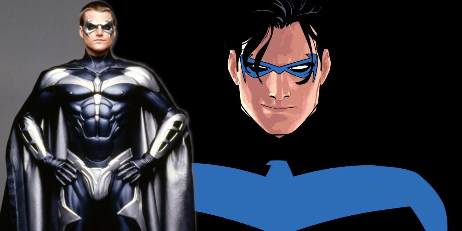 Schumacher Batman and Robin Nightwing Costume Over Comic Book Nightwing Cover