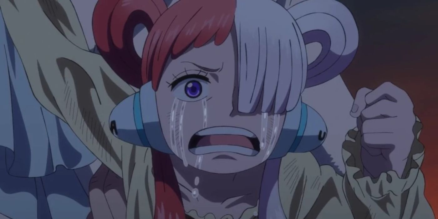 Uta crying as Shanks leaves her on Elegia in One Piece Film: Red.