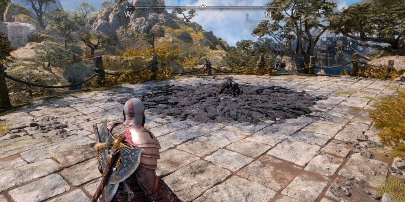 Kratos em um buraco draugr no God of War ragnarok.