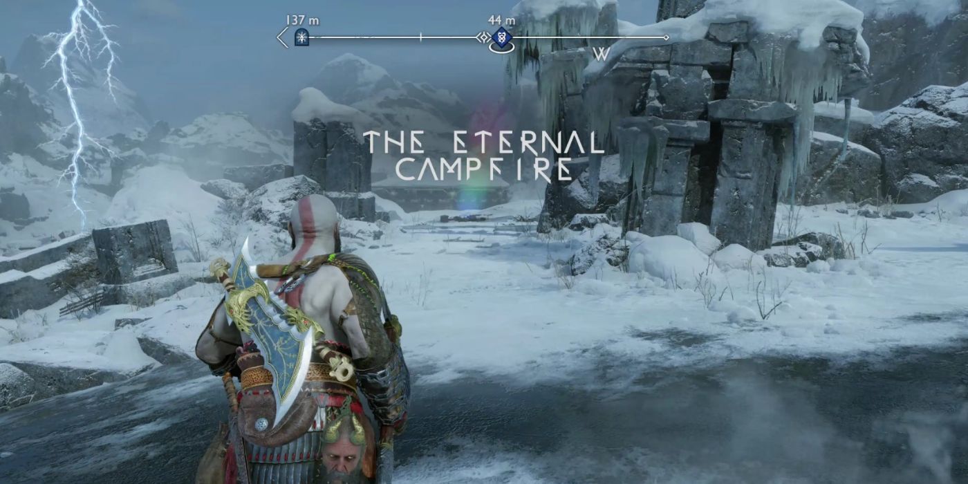 Kratos arriving at the eternal campfire in god of war ragnarok.