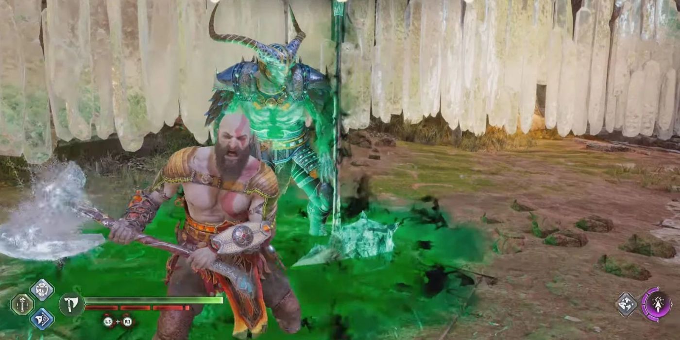 Kratos facing Haklangr the Bearded in a God of War: Ragnarök berserker fight in a rocky dirt environment.