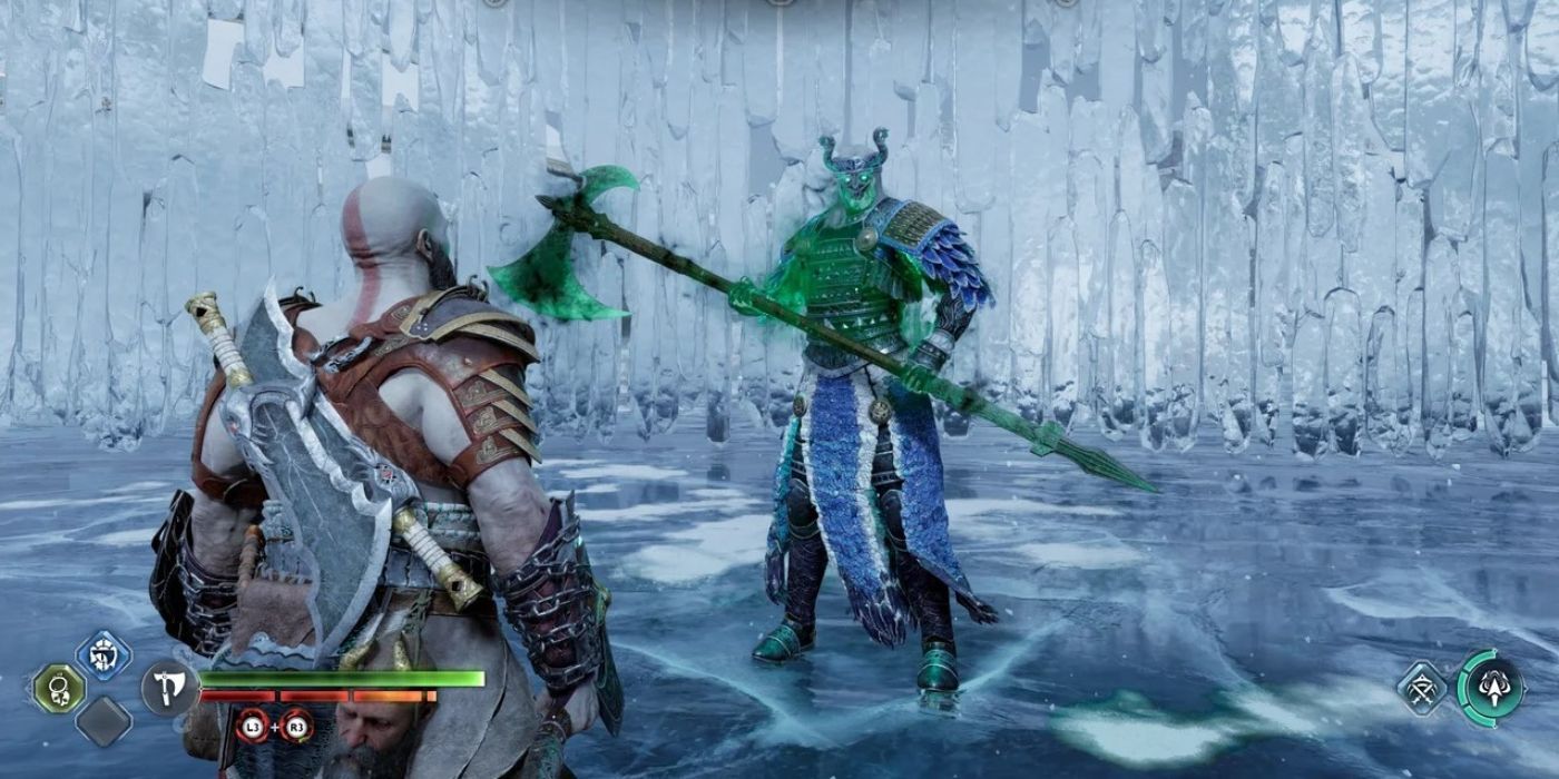 Kratos facing Fraekni the Zealous in a God of War: Ragnarök berserker fight in an icy environment.