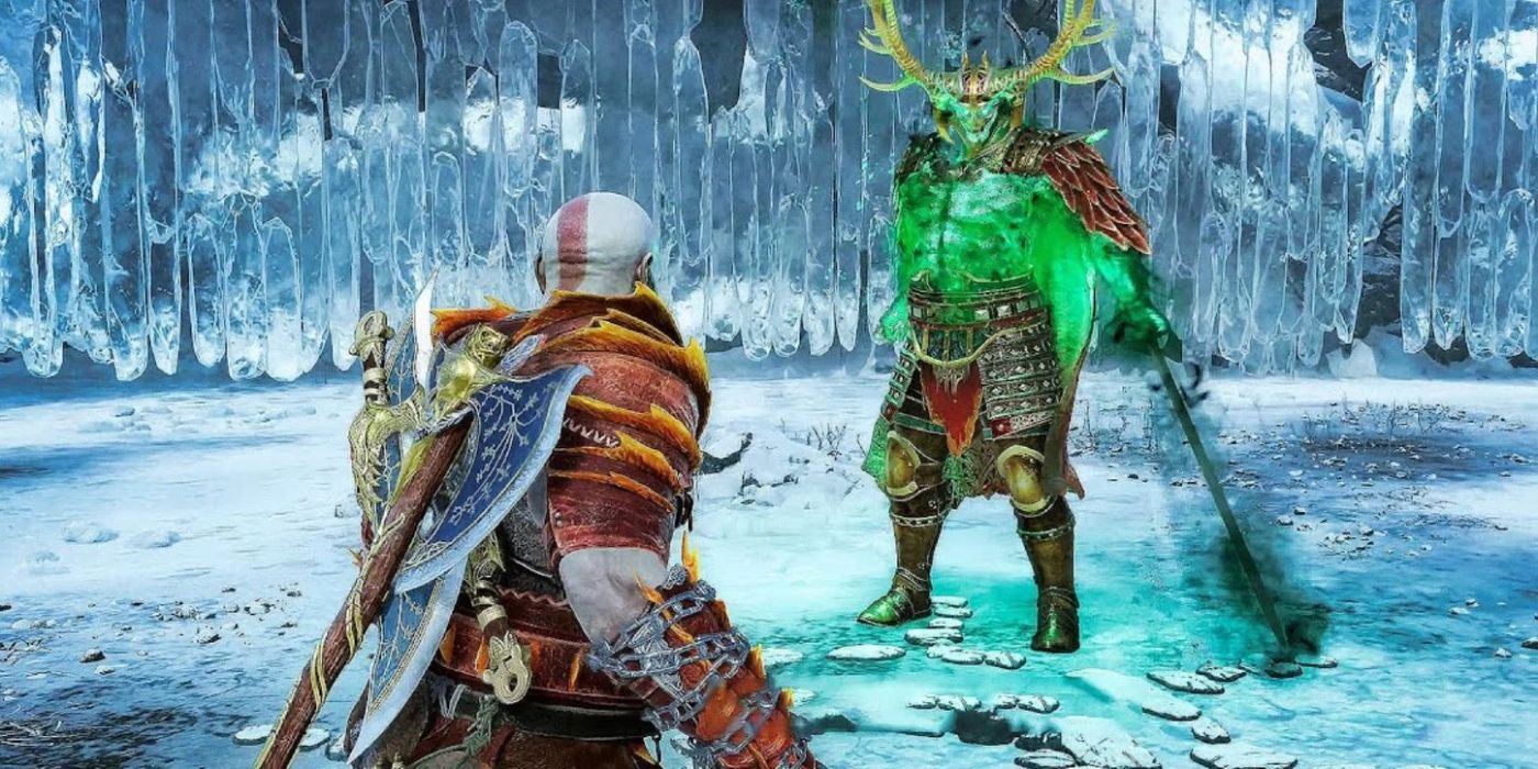 Kratos facing Hjalti the Stolid in a God of War: Ragnarök berserker fight in a snowy environment.