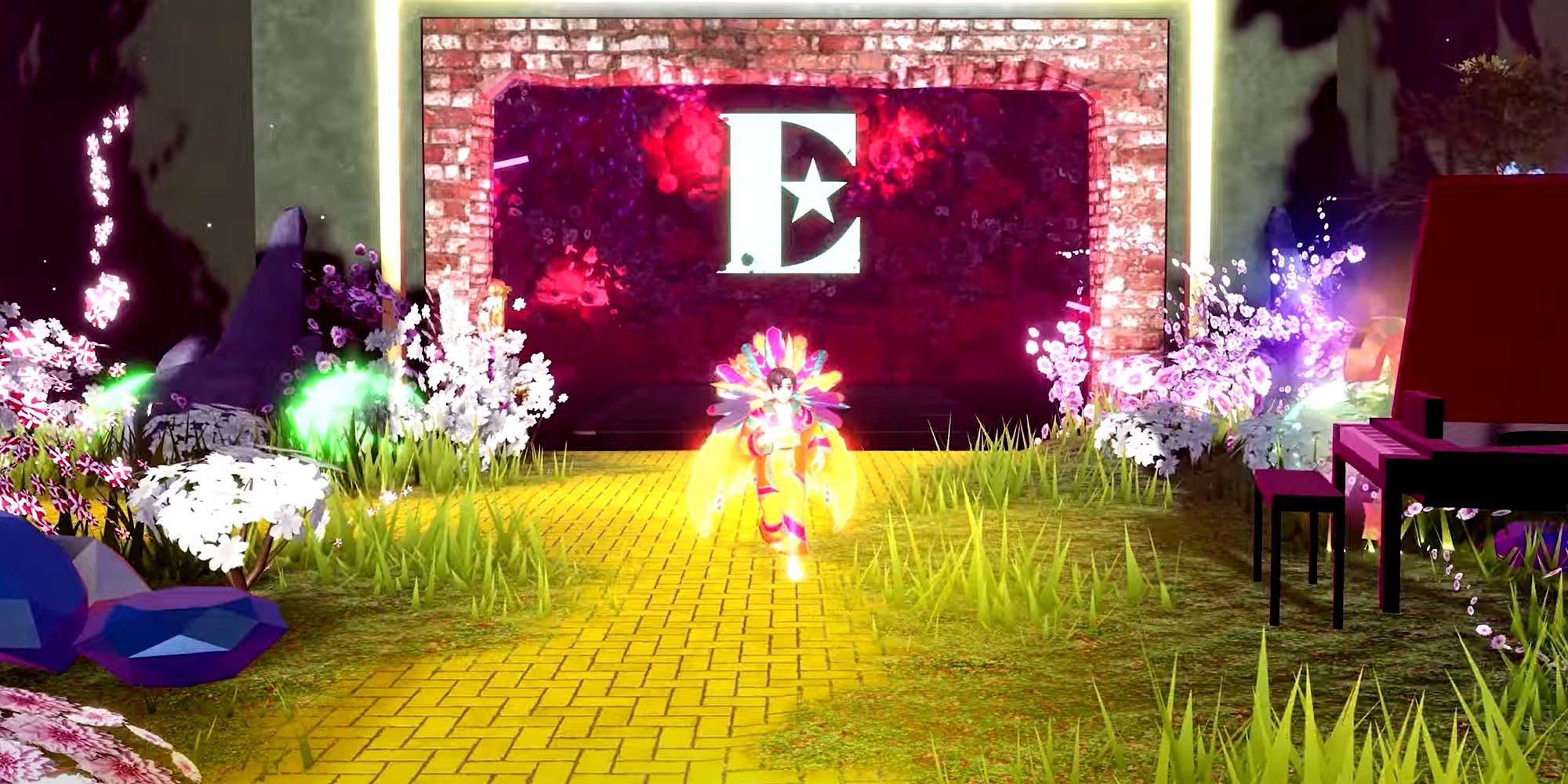 Captura de tela do evento Yellow Brick Road de Elton John com o personagem Roblox vestindo roupas inspiradas no evento.
