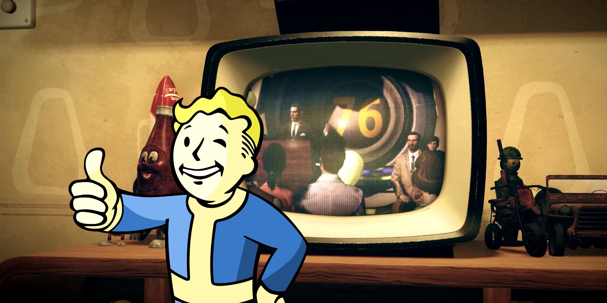Screenshot of Fallout 76's Official Trailer of an in-game TV playing an announcement with an image of a Vault Boy overlayed.
