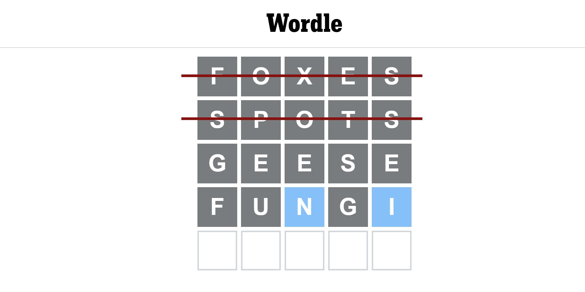 Screenshot of a Wordle game with plural words with 