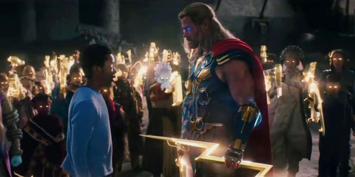 An image of Thor with powered up Asgardian children is shown.
