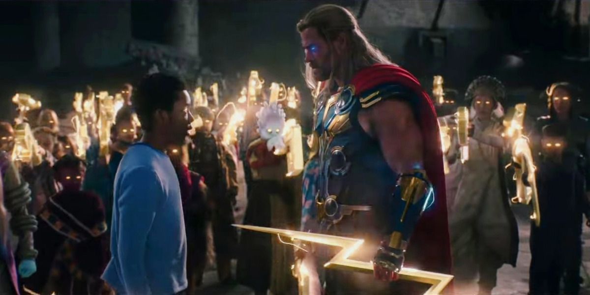 An image of Thor with powered Asgardian children is shown.