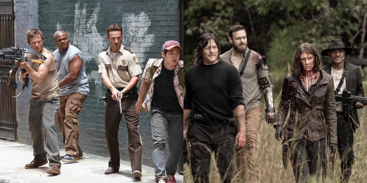 Daryl, T-Dog, Rick, and Glenn in season 1 alongside Daryl, Aaron, Maggie, and Gabriel in season 11 of The Walking Dead. 