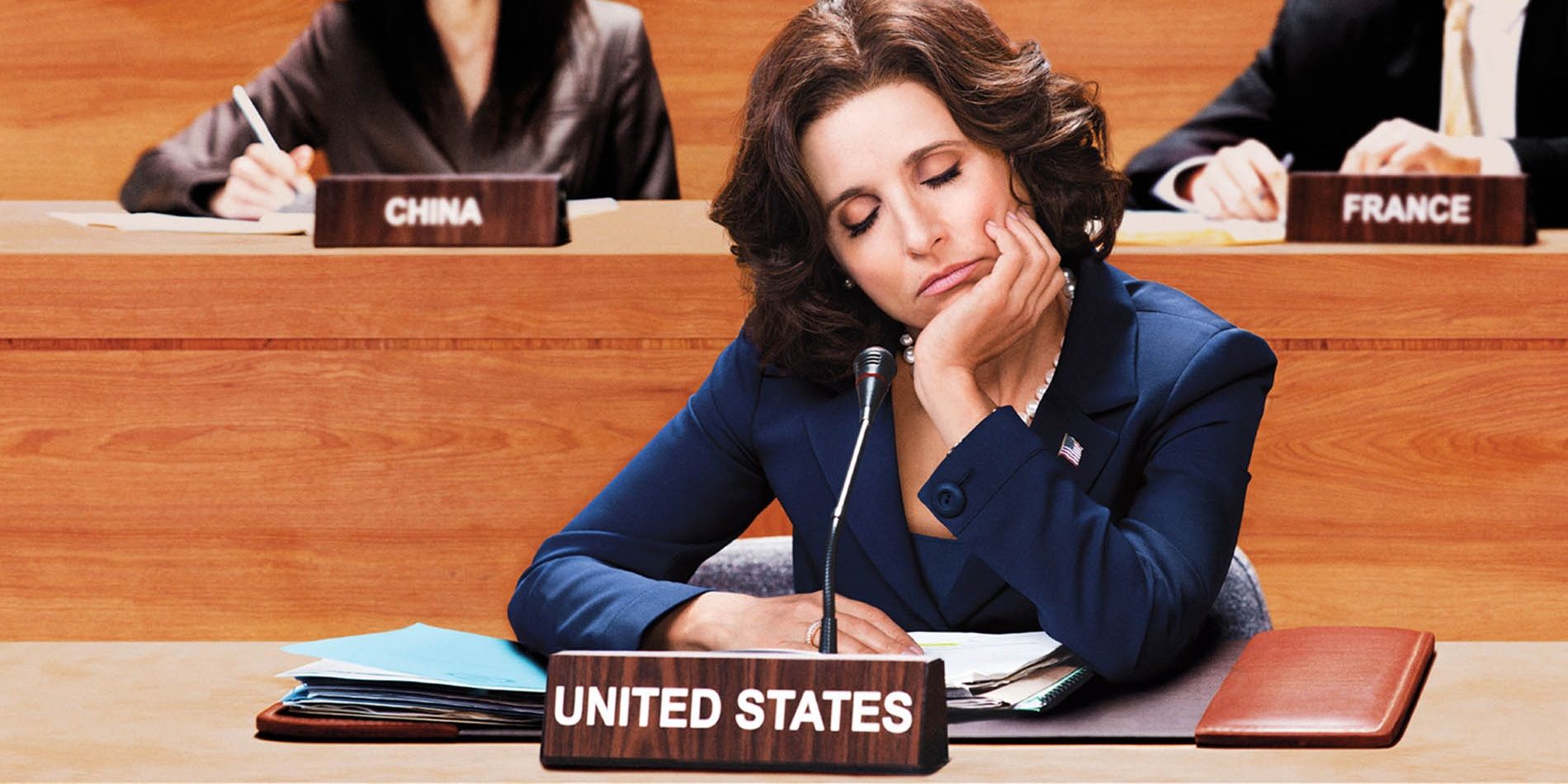 Selina drifting off on the poster for Veep